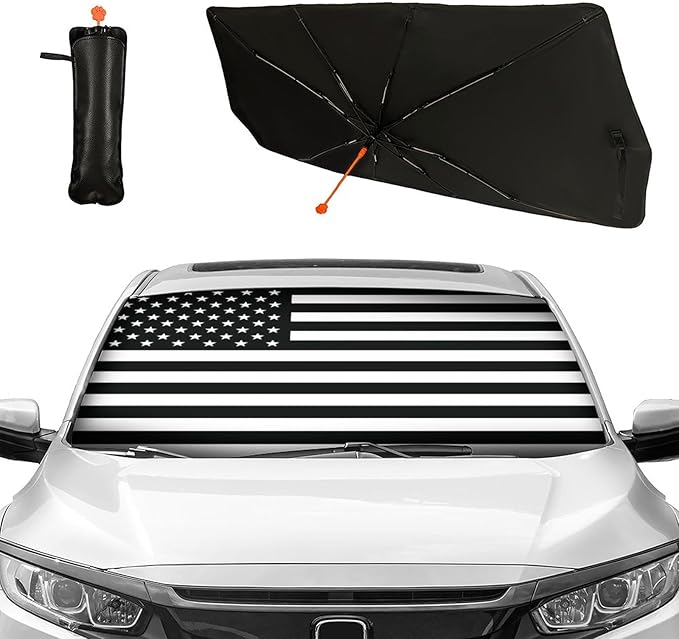 CHILL�TEK US Flag Car Windshield Sun Shade Umbrella, American Foldable Umbrella Sunshade for Front Window UV Reflector Protection Auto Shades Cover black 1,57x31 In