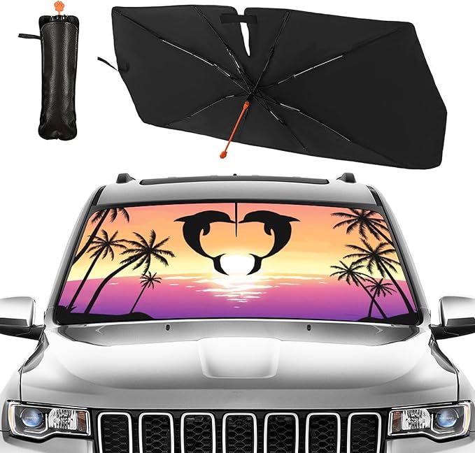 CHILL·TEK Funny Animal Car Windshield Sun Shade Umbrella, Dolphin Love Car Sun Shade Umbrella, Block UV Rays Heat Foldable Windshield Umbrella Sun Visor Protector - Keep Vehicle Cool for Cars SUV
