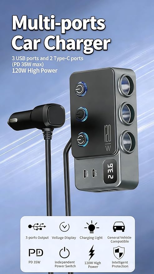 8-in-1 Car Cigarette Lighter Splitter, QC3.0 3 USB Ports & 2 Type-C PD 35W Fast & Safe Charging,3 Sockets with Independent/ Master Switches, Real-Time Voltage Display, Smart Trickle Charging, 12-24V