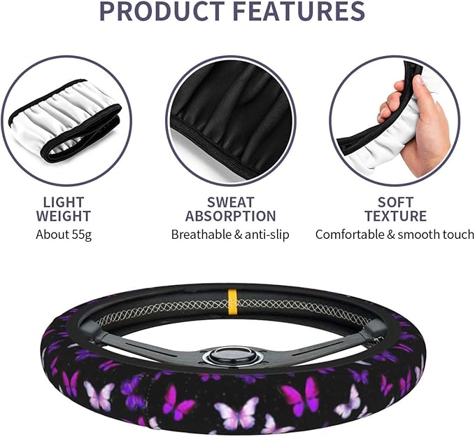 Butterfly Purple Steering Wheel Cover Butterflys Steering Wheel Cover Accessories Universal 2 Pieces Car Coasters Anti Slip Car for Men Women