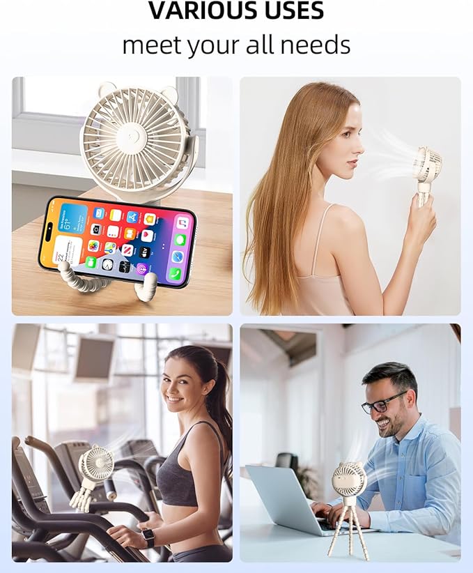 buywoo Portable Stroller Mini Fan, Small Rechargeable Personal Cooler w/ 360° Rotation, Baby Essentials for Car Seat, Crib, Bike, Treadmill, 3-Speed Battery Powered Stroller Accessories, Beige