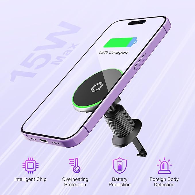 15W for Magsafe Car Mount Charger, Wireless Car Charger Magnetic Air Vent/Dashboard Fast Charging Phone Holder for iPhone 17 16 15 14 13 12 Serie Samsung
