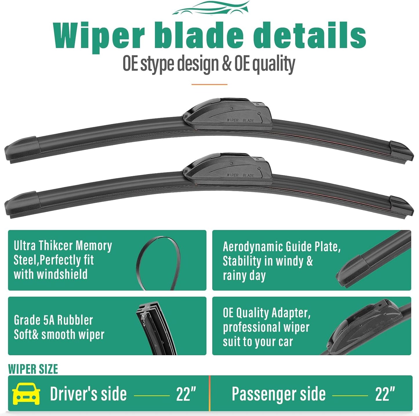 22" 22" 13" Windshield Wiper Blades Replacement for GMC Yukon/Yukon XL 2015 2016 2017 2018 2019 2020 Premium All Weather Front Rear Wipers Set - OEM Quality (Pack of 3)
