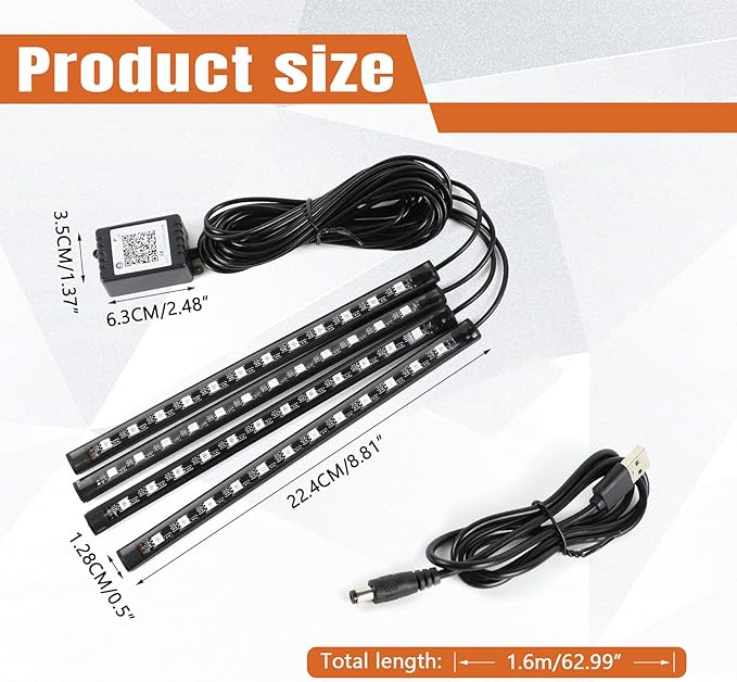 Wuyaoyao Car LED Interior Light, 48 LED Lights Multicolor Music Car Strip Light, Car Strip Light with Sound Active Function and Remote Control, Under Dash Lighting Kit (USB+APP)