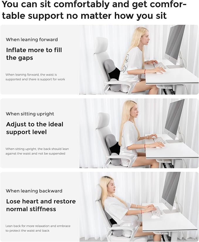 BEBAS Adjustable Air Lumbar Support Pillow for Office Chair, Car & Gaming Chair Memory Foam Back Support for Pain Relief & Posture Correction with Washable Cover, Grey