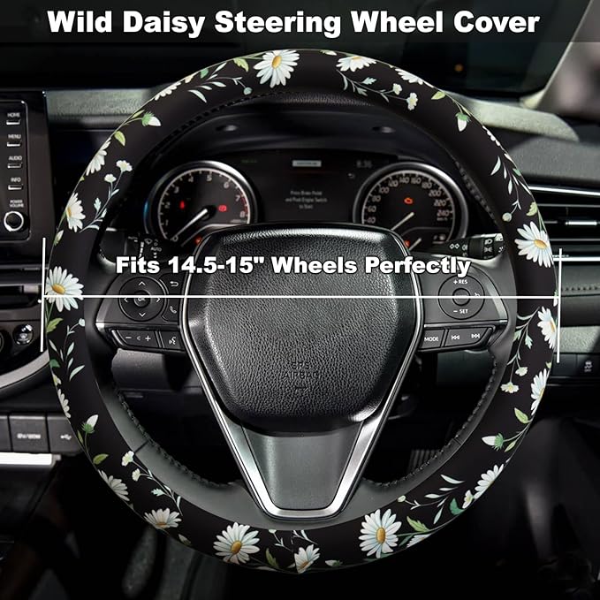 Wild Daisy Steering Wheel Cover for 14.5-15 Inch (37-38 cm) Wheels, Premium Fabric with Non-Slip Rubber Inner Ring (Wild Daisy)