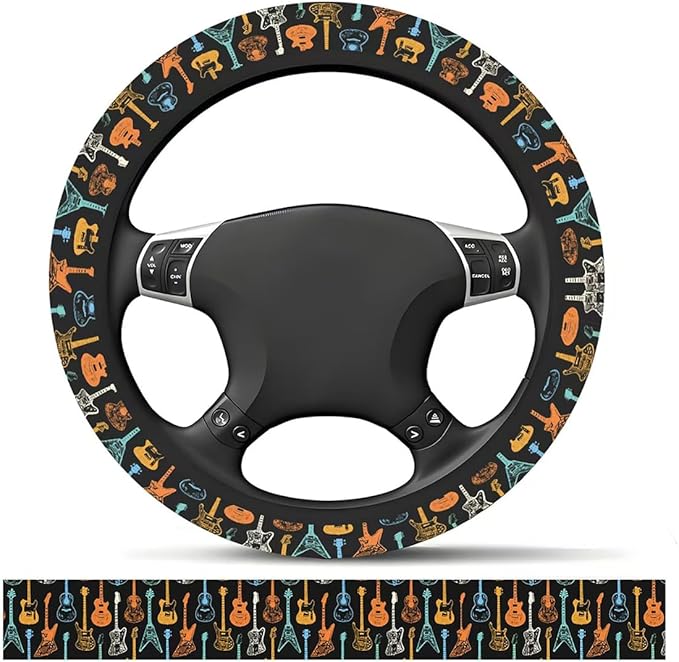 Elastic Car Steering Wheel Cover, Universal 15 inch Non-Slip Breathable Neoprene Steering Wheel Protector, Car Accessories for Women Men Fit Auto, Suvs, Truck Colorful Guitar Vibe