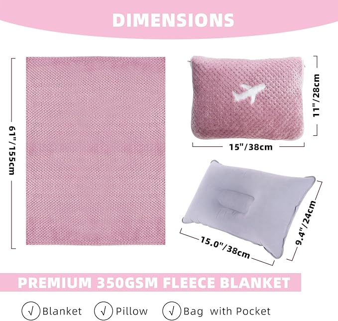 3 in 1 Travel Blanket Pillow Set - 350 GSM Thick Travel Blanket Airplane Compact with Bag, Soft Bag with a Pocket, Inflatable Travel Pillow for Camping & Car Trip (Blush Pink)