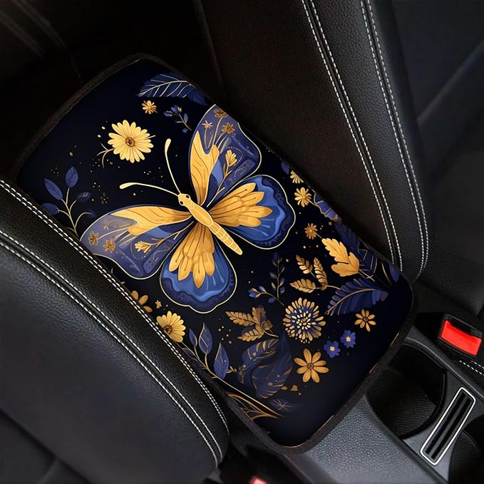 UNICEU Car Accessories Soft Comfy Armrest Cover Pad, Trippy Floral Butterfly Neoprene Car Center Console Armrest Protector Cover Universal Fit Trucks SUV Van