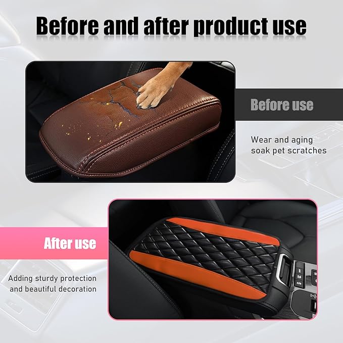 Car Center Console Cushion Pad, PU Leather Waterproof Auto Armrest Box Cover Protector, Comfortable Armrest Seat Box Cover Mat, Universal Car Accessories for SUV Truck (Orange)