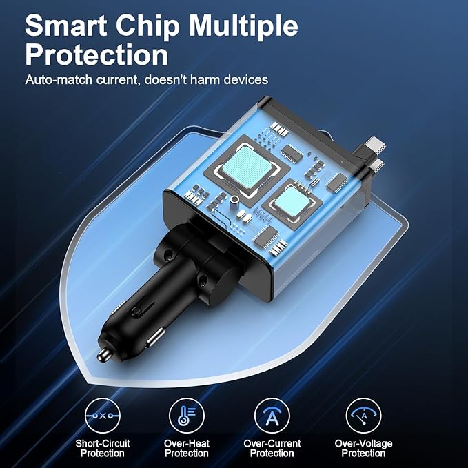 Retractable Type C Fast Car Charger,45W 4-Port USB C & USB A Car Phone Charger Adapter with 31.5 Inch Retractable USB C Cable for iPhone 17 Pro Max/16e/16 Samsung Galaxy A17/A16/A15/S25 Ultra Pixel 10