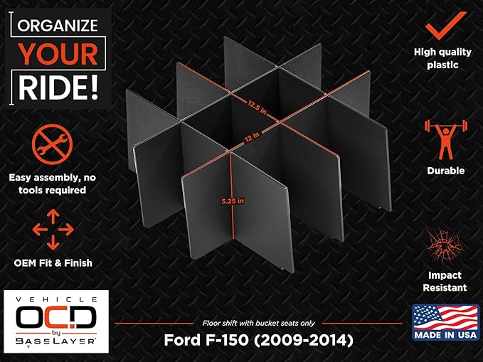 Vehicle OCD - Center Console Organizer for Ford F150 (2009-2014) (Floor Shift w/Bucket Seat Only)(Without USB, RCA, 12V in Front of Console) - Made in USA - SLX105