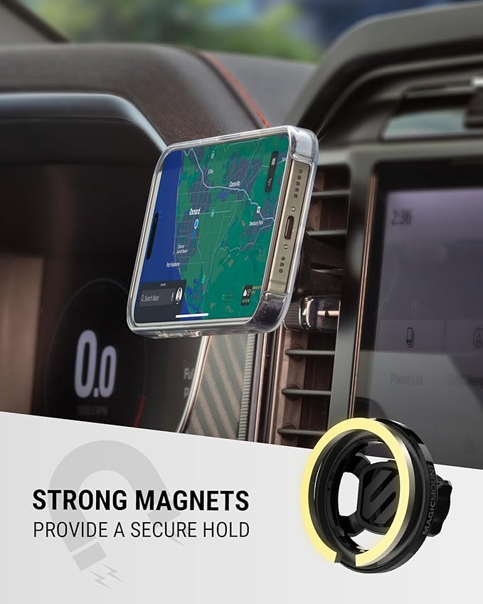 Scosche MagSafe Car Mount, Magnetic Phone Holder for Car Dashboard & Vent with 360° Rotation, 2-in-1 Cell Phone Mount for iPhone 17/16/15/14/13 & More w/MagicRing Adapter, Compatible with PopSockets