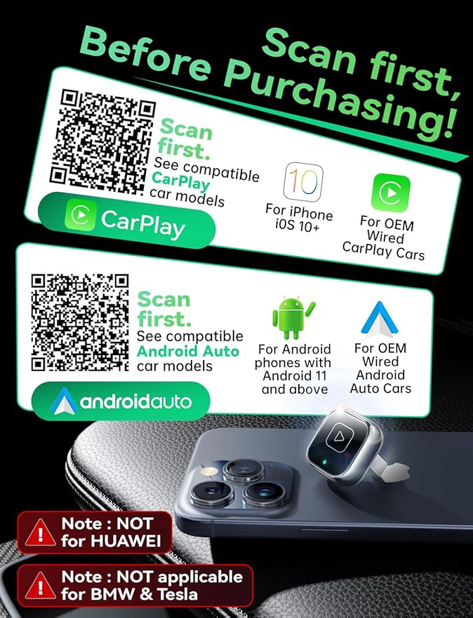 Wireless Carplay & Android Auto Adapter, Metal Design Mini & Stable 2-in-1 Dongle, Convert Vehicle's Wired CarPlay/Android Auto to Wireless, for iOS 10+/Android 11+ & Cars from 2016