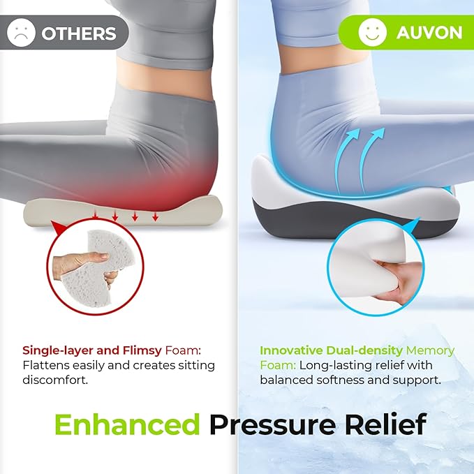 AUVON Multi-Layer Gel Seat Cushion for Ideal Support & Softness, Cooling Memory Foam Office Chair Cushion for Hemorrhoid, Sciatica & Tailbone Pain Relief, Anti-Slip Back Seat Pillow