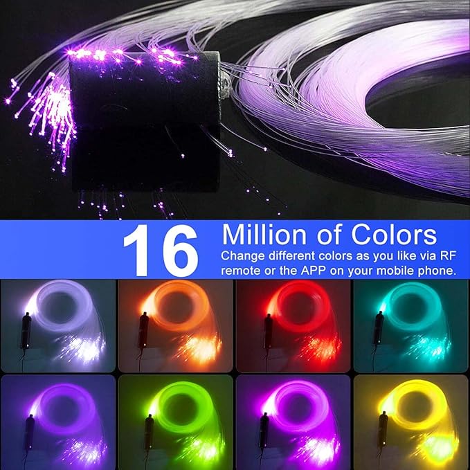 AZIMOM Car Use 6W RGBW 450pcs 0.03in 6.5ft Fiber Optic Lights Starlight Ceiling Light Kit End Glow Optic Cable Music Mode APP Remote Sensory Lighting Indoor Home Headliner Decoration
