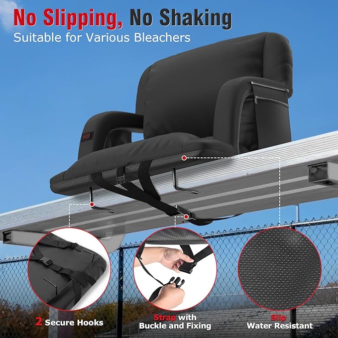 Suteck Extra Wide Heated Stadium Seats with Back Support, Portable Sofa Style Bleacher Chair with Back and Cushion, Armrest, Ideal for Outdoor Stadiums and Events -23" Wide 1 Pcs