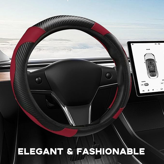 15" Car Steering Wheel Cover, Carbon Fiber Leather Stitching Elastic Steering Wheel Protector, Anti-Slip/Breathable/Durable/Soft, Interior Accessories for Most Cars (Carbon Fiber Black +Wine Red)