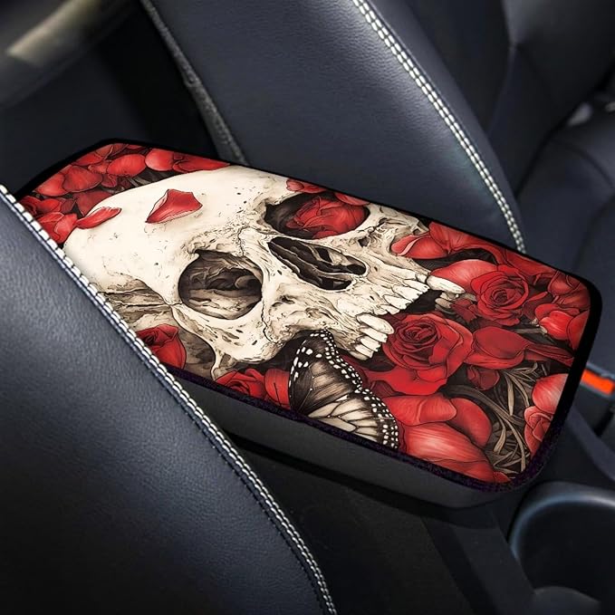 Dreaweet Red Rose Skull Arm Rest Cover for Car Women Spooky Car Accessories Interior Universal Center Console Cover Comfortable Softness Car Armrest Cushion Pad for SUV Trucks Sedan