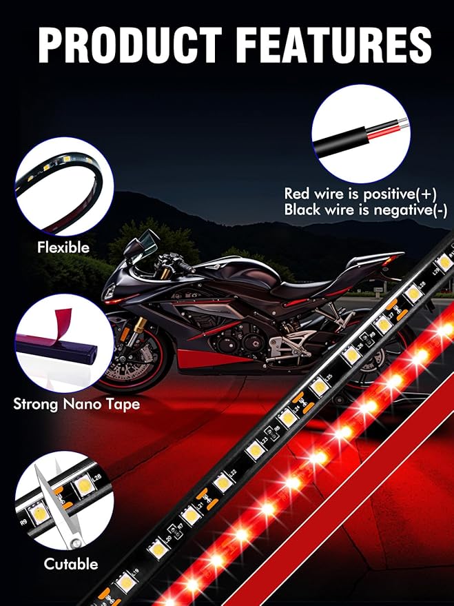 8 Pcs Car Led Light Strip IP67 Waterproof 11" Flexible Led Lights Underglow 12V for Car Motorcycle Boat Golf Cart Interior Exterior Decoration - Red