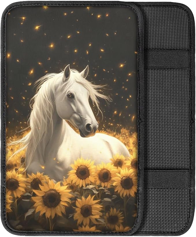 Neoprene Car Center Console Pad Horse Sunflower Print Armrest Cushion Cover Dust-Proof Armrest Seat Box Cover for Most Vehicles Decorative Car Accessories for Women Men