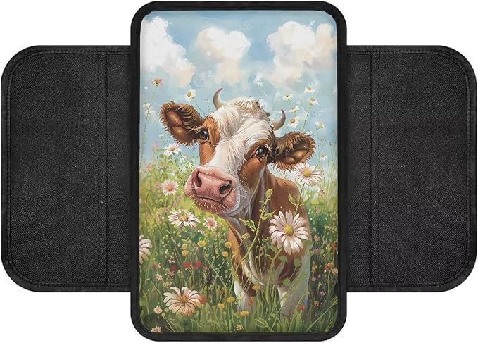 Cow Floral Grass Pattern Car Center Console Cover Anti-Slip Auto Box Cover Protector Lightweight Vehicle Armrest Cover Pad Universal Fit for Most Cars Sedan Truck SUV