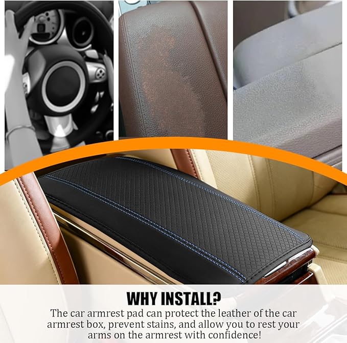 Car Center Console Cover, PU Leather Vehicle Armrest Seat Box Cover Protector, Comfortable Automotive Interior Arm Rest Cushion Pad Accessories, Universal for SUV Sedan Truck (Black/Blue)