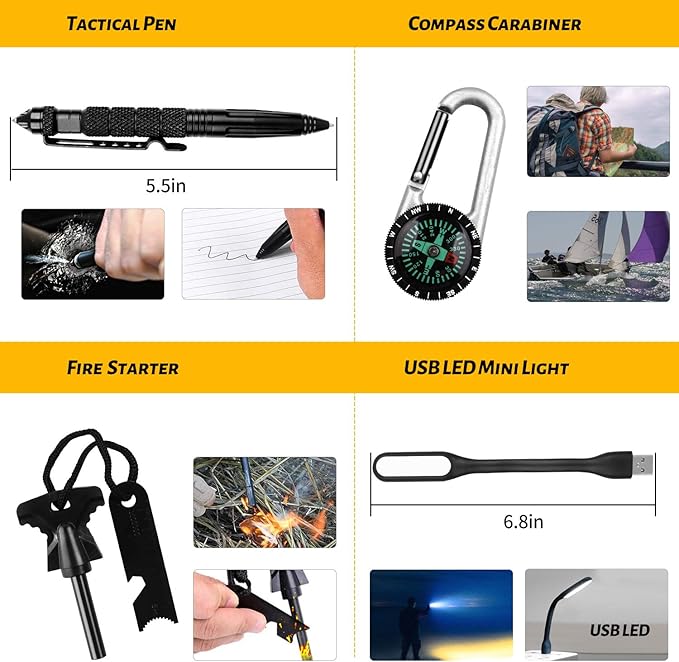 ANTARCTICA Emergency Survival Gear Kits 60 in 1, Outdoor Survival Tool with Emergency Bracelet Whistle Flashlight Pliers Pen Wire Saw for Camping, Hiking, Climbing,Car