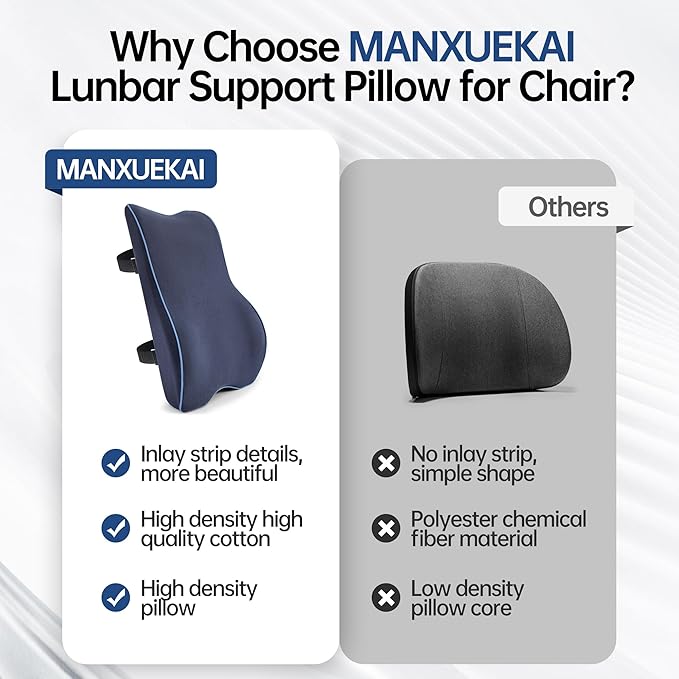 Lumbar Support Pillow for Office Chair, Back Support Pillow with Memory Foam, Relieves Back Pain, Removable Washable Cover & Adjustable Strap, for Car/Gaming Chair,Gift-Navy Blue