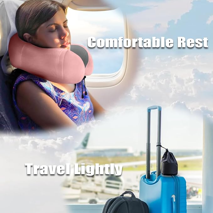 Travel Pillow, Memory Foam Neck Pillow for Traveling, U Shape Neck Pillow Airplane Portable Flight Pillow Travel Kit with 4D Contoured Eye Masks and Earplug for Plane Train Car Home Office - Pink