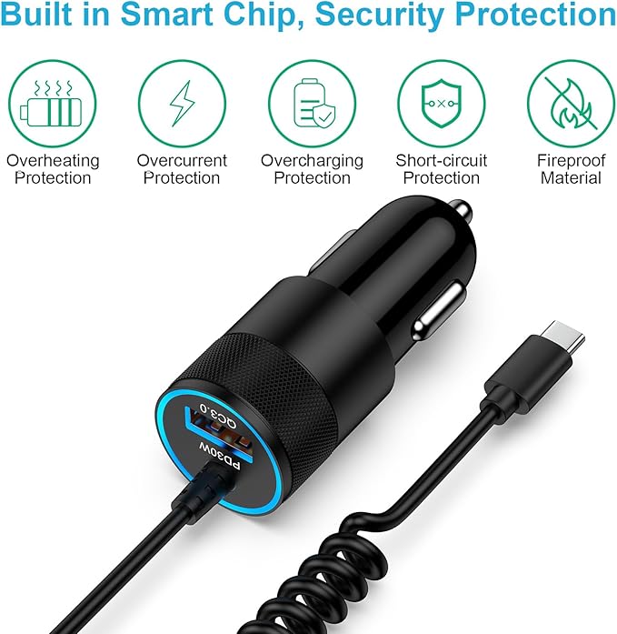 for iPhone 16e 17e 17 Pro Max Air, Fast Car Charger Adapter for iPhone 16e, 16, 16 Pro Max, 16 Plus, 15 Series, USB C Vehicle Phone Auto Automobile Plug with 2.8FT Coiled Cable Cord Fast Charging
