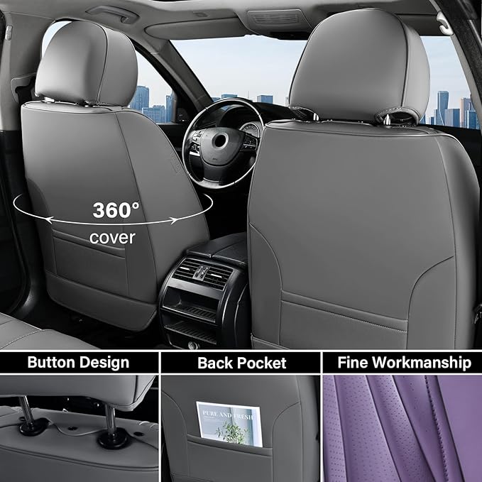 Coverado Seat Covers Full Set, Leather Car Seat Covers, Waterproof Seat Covers for Cars, Front and Back Car Seat Protectors, Car Seat Cushions Universal Fit for Most Cars (Gray&Purple)