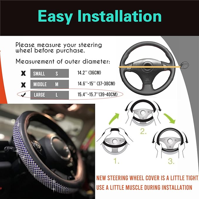 PINCTROT Large Size Bling Comfy Steering Wheel Cover with Jumbo Crystal Rhinestones, Anti-Slip Diamond Leather, 15.5-15.75 Inch (Blue)