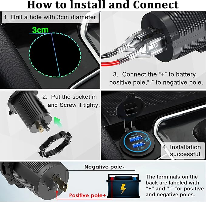 QC3.0 Dual USB 12V Outlet with Touch Switch: 12 Volt Marine Socket Golf Cart USB Port DC Car Charger Waterproof Power Adapter Cigarette Lighter Mount Fast Charge for Boat Motorcycle ATV RV
