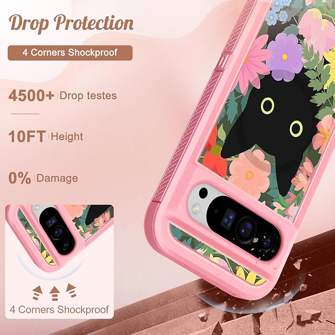 for Google Pixel 9 Case/Pixel 9 Pro Case - Compatible with MagSafe Women Girls Cute Magnetic Protective Cover Girly Cat Flower Floral Design Heavy Duty Shockproof for Pixel 9/9 Pro Phone Case