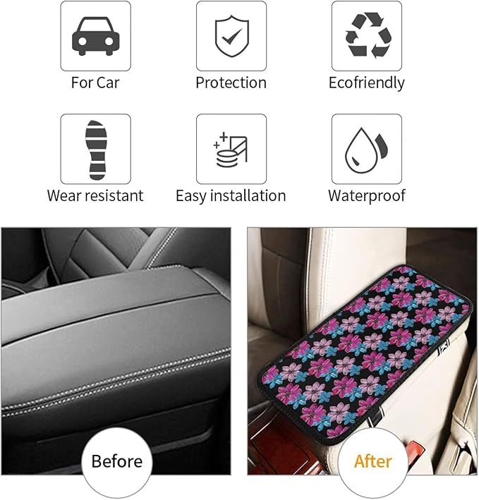 Car Center Console Cover Hibiscus Armrest Cushion Scratch Resistant and Waterproof Arm Rest Pads Flower Tropical Cars Decor Accessories, Purple Pink