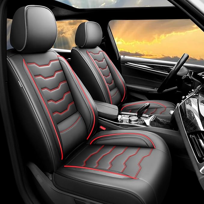 Fit Tucson Car Seat Covers Premium Leather for Hyundai Tucson 2010-2025 2026. Waterproof， Breathable, Scratch-Resistant & All-Weather Seat Cushion Protector (Full Set, Red Line Black)