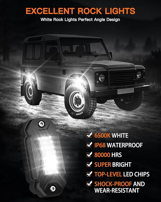 White Rock Lights,LEDMIRCY R2 Pure White Rock Lights Kit with Toggle Switch Wiring Harness 12PCS Luces para Carro for UTV Trucks ATV Underglow Light Trail Rig Under Body High Power Waterproof