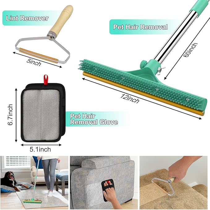 Carpet Rake for Pet Hair Removal, Reusable Pet Hair Remover Broom, 60'' Adjustable Long Handle Dog and Cat Hair Remover Tool Set of 3, Lint Remover Scraper for Carpets, Rugs, Mats, Couch, Car
