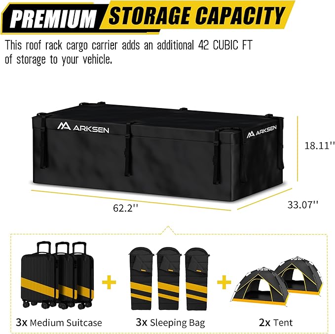 ARKSEN Roof Top Luggage Storage Bag for 64" x 39" Roof Baskets Waterproof 21.5 Cubic Feet (62.2" L x 33.07" W x 18.11" H) with 10 Straps Anti-Slip Mat 6 Door Hooks for All Vehicles with/Without Rack