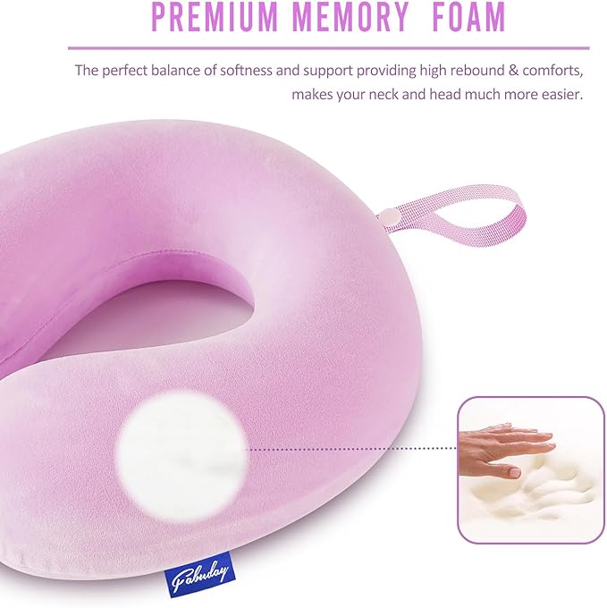 Travel Pillow Memory Foam for Airplanes - Neck Pillow for Traveling, Car, Home, Flight Pillow for Sleeping with Attachable Snap Strap Soft Washable Cover, Provide Head Neck Support Rest, Light Purple