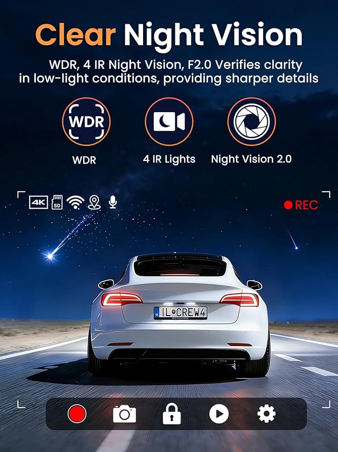 3 Channel Dash Cam, QHD 2.5K+1080P+1080P 3-Way Recording, WiFi Dash Camera with APP Control, 1440P Front+4 IR Lights, 24H Parking Mode with Time-Lapse, G-Sensor, Loop Recording,Free 64GB Card