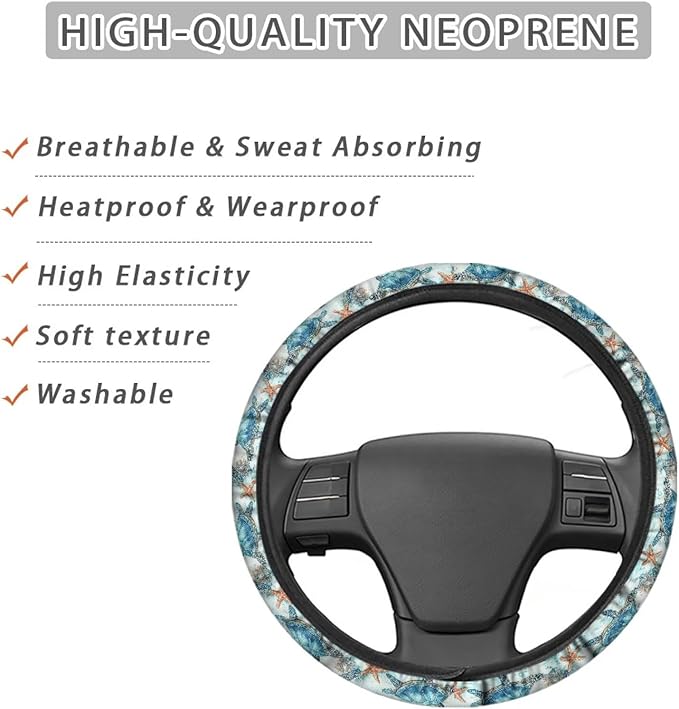 AFPANQZ Steering Wheel Cover for Women, Turtle Starfish Print Sweat Absorbing Non-Slip Steering Wheel Protection Case Machine Washable Elastic Flexible Universal 14 to 15 inch
