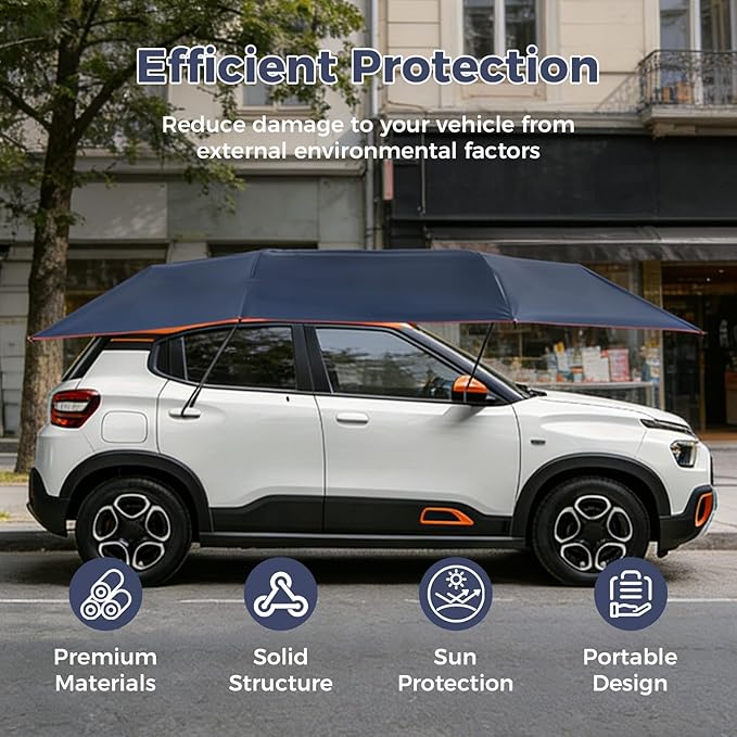 Semi-Automatic Car Tent, 3.78×7.2FT Portable Cars Umbrella Vehicles Tent Blocking UV Rays Car Roof Cover Cars Awning with Carrying Bag Sun Shades for Vehicles Roof Protection (Navy Blue)