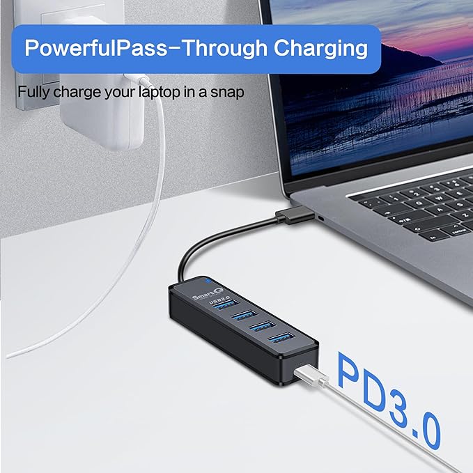 SmartQ USB C Hub 4 Ports, USB Hub with 4 USB 3.0 Ports, Powered Type-C Splitter for Laptop, MacBook Pro, iMac, iPad Pro, Chromebook, Pixelbook, Galaxy S23 and More Devices