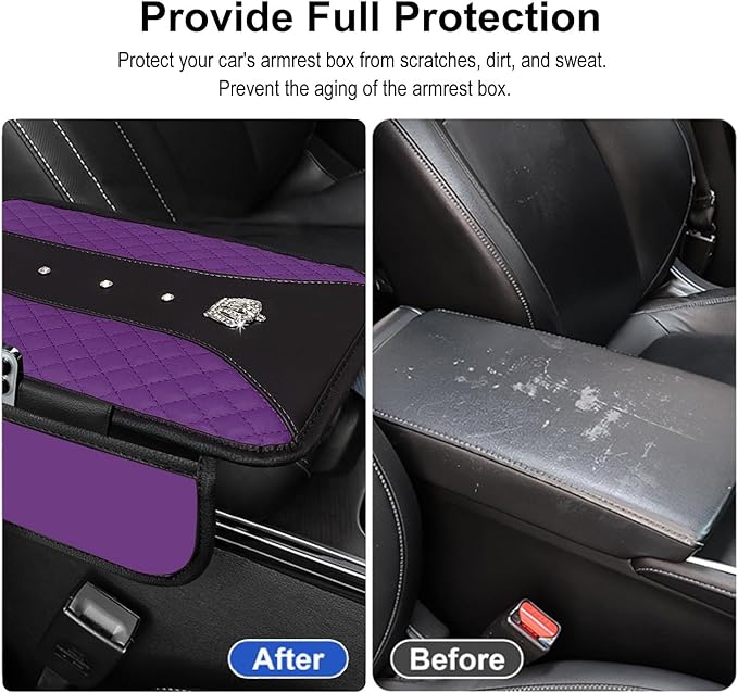 NBTEPEM Bling Crown Car Center Console Armrest Cover, Leather Middle Console Cover Cushion with 2 Storage Bags, Car Armrest Storage Box Interior Accessories for Most Vehicles(Purple)