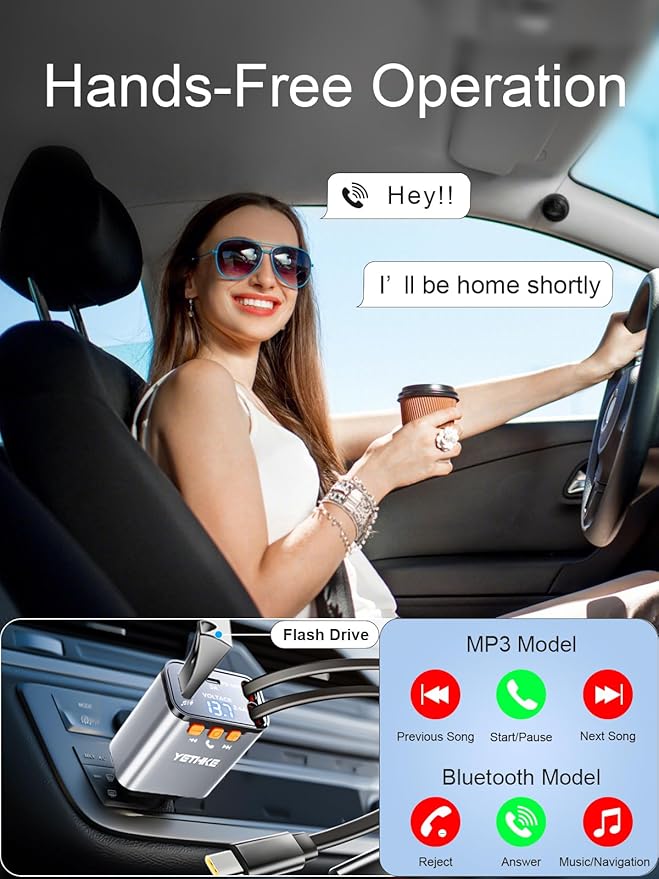 Bluetooth Car Adapter with Retractable Charger,[Upgrade] Bluetooth 5.4 FM Transmitter for Cars, 4 in 1 Fast Car Charger 69W, Handsfree Call, 2*Retractable Cable for iPhone 17/16/15/14, Galaxy-Silver