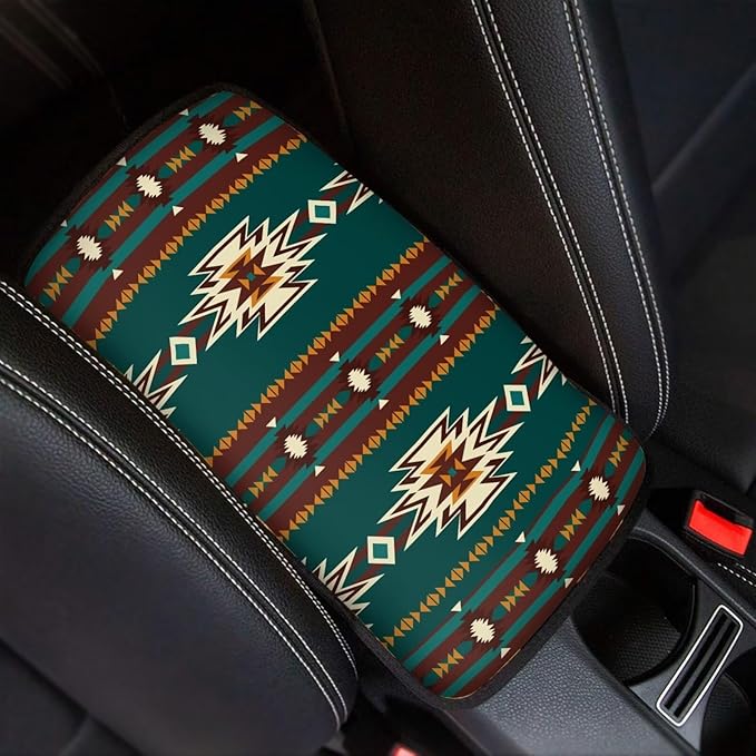 Dreaweet Aztec Car Center Console Cover Southwestern Native American Green Navajo Print Car Armrest Cover Pad Console Covers Universal Arm Rest Cover for Car SUV Truck