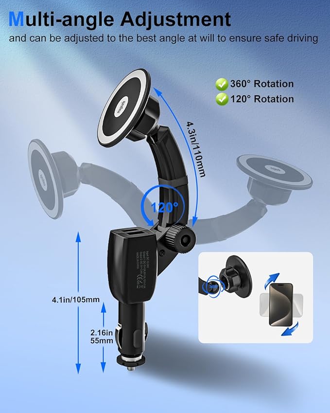 Magnetic Phone Holder for Car Cigarette Lighter [Dual USB Fast Charging] Cigarette Lighter Socket Phone Mount Charger with Adjustable Arm, for iPhone 16 15 14 MagSafe Car Mount