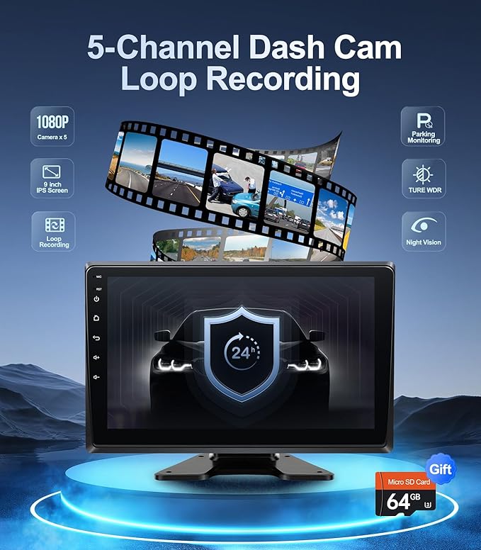 5-Channel 1080P Backup Camera Dash Cam with 10.2'' Monitor,DVR Recording Back Up Camera for RV/Truck/Van/Trailer/SUV Cars, Android.11 Car Raido with Wireless CarPlay/Android Auto/BT/FM/WiFi